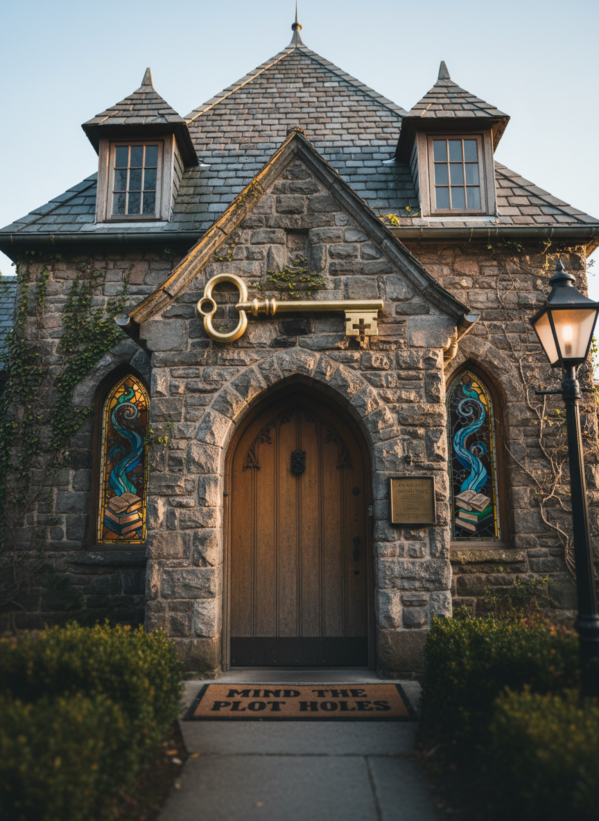 A photographic close-up of the Bangor Springs town library exterior, a compact stone building with a steep slate roof and a comically oversized brass key sculpted above the arched doorway. The rough gray stones are flecked with moss and ivy, while stained-glass windows depict swirling springs and open books. Warm, late-afternoon sunlight slants from the right, creating highlights on the metal key and deep shadows in the doorway recess. A worn doormat reads “MIND THE PLOT HOLES.” Shot from a slightly low angle for a whimsical, cinematic feel, with shallow depth of field that blurs the surrounding hedges and nearby lamppost. The mood is cozy, curious, and quietly magical, emphasizing playful, photographic realism.