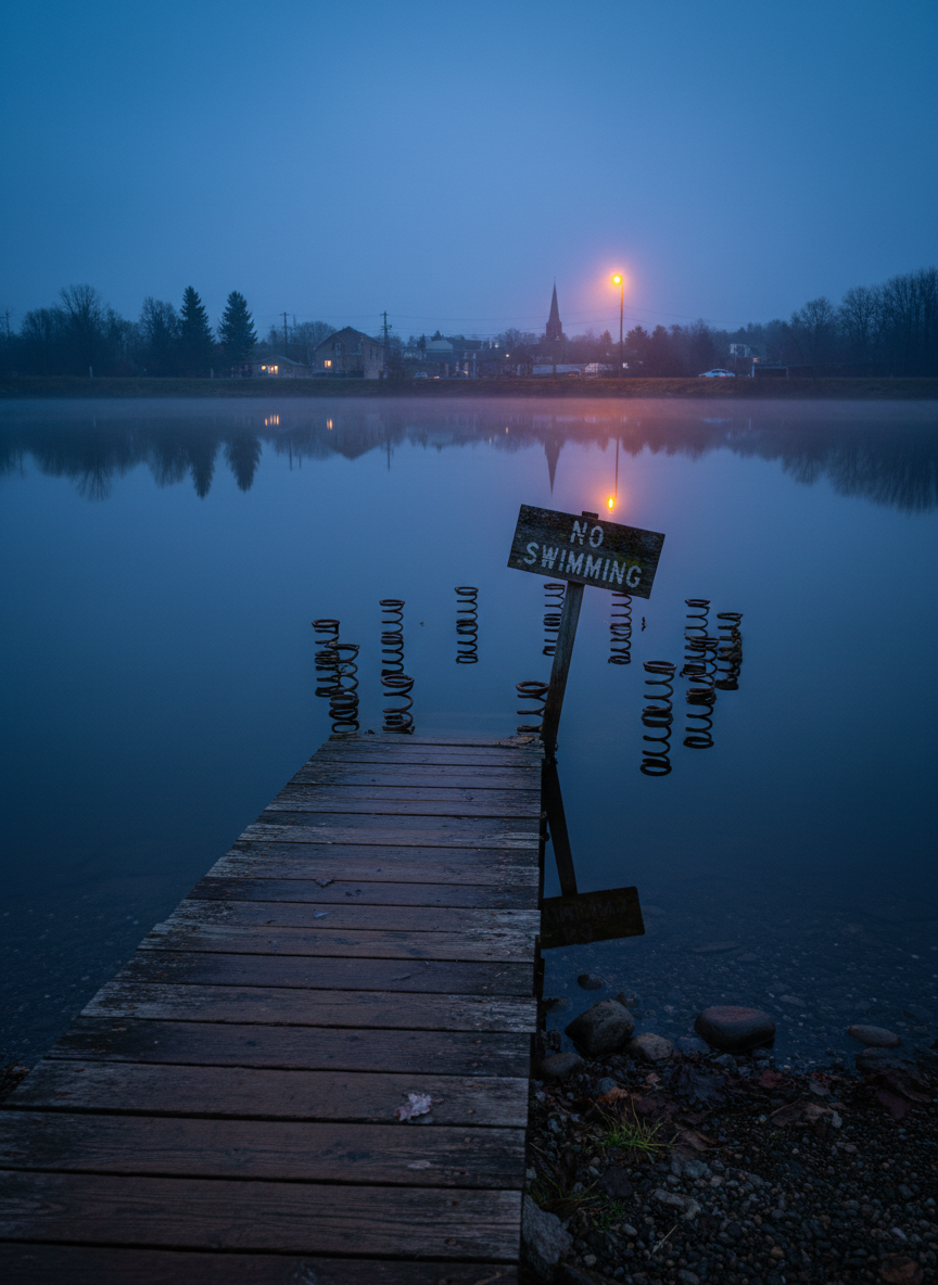 The mysterious Bangor Springs reservoir at twilight, captured in photographic realism from a low lakeside angle. A perfectly still, inky-blue surface reflects a crooked wooden dock and a cluster of rusted, half-submerged metal springs that encircle an old “NO SWIMMING” sign. Dim, cool blue light from the fading sky mixes with a single sodium-vapor streetlamp on the shore, casting a warm, golden spotlight on ripples near the springs and creating an eerie contrast. Thin mist curls above the water, partially obscuring a distant silhouette of the town. The mood is gently unsettling yet playful, as if nothing truly terrible happens here—just odd. Composition uses the rule of thirds, with the springs and sign off-center and sharp focus on foreground textures of damp boards and pebbled shore.