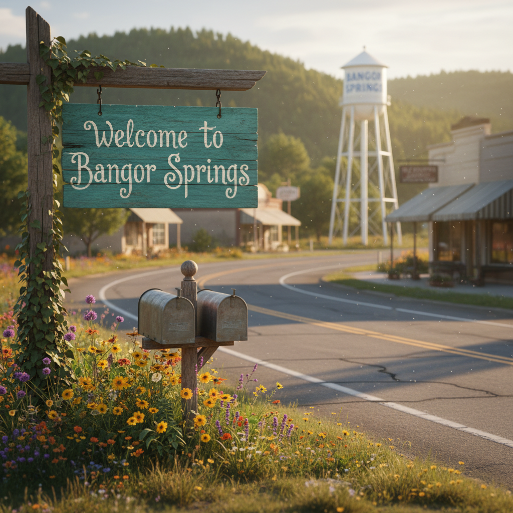 A charming small-town main street sign reading “Welcome to Bangor Springs” mounted on weathered teal-painted wood, its hand-lettered letters slightly imperfect and whimsical. The sign stands at the edge of a gently curving two-lane road, flanked by wildflowers, mailboxes, and a distant water tower marked with the town’s name. Late afternoon golden-hour sunlight bathes the scene, catching tiny dust motes and creating long, playful shadows across cracked asphalt. Photographic realism with an eye-level composition, the background softly blurred to hint at cozy storefronts and rolling hills. The mood is inviting and slightly quirky, as if this fictional town is both familiar and full of odd secrets waiting to be discovered.
