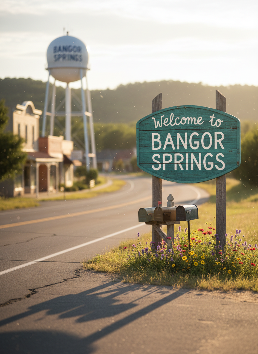 A charming small-town main street sign reading “Welcome to Bangor Springs” mounted on weathered teal-painted wood, its hand-lettered letters slightly imperfect and whimsical. The sign stands at the edge of a gently curving two-lane road, flanked by wildflowers, mailboxes, and a distant water tower marked with the town’s name. Late afternoon golden-hour sunlight bathes the scene, catching tiny dust motes and creating long, playful shadows across cracked asphalt. Photographic realism with an eye-level composition, the background softly blurred to hint at cozy storefronts and rolling hills. The mood is inviting and slightly quirky, as if this fictional town is both familiar and full of odd secrets waiting to be discovered.