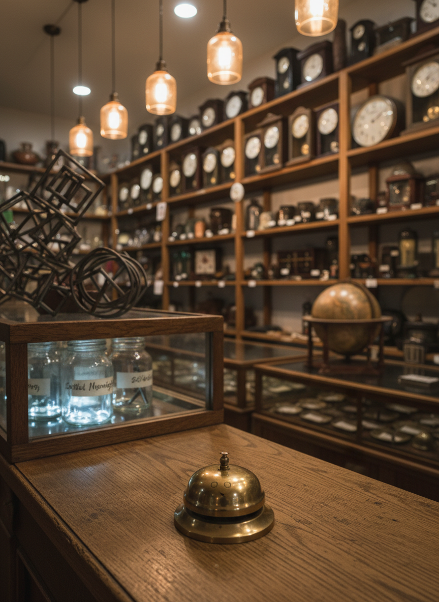 The Bangor Springs oddities shop interior, rendered in photographic realism, viewed from just inside the threshold. Shelves of mismatched wood bow under strange artifacts: labeled jars of “Bottled Moonlight,” coiled metal springs in impossible shapes, clocks that all disagree on the time, and a dusty globe with extra continents. A squat, brass bell with a tiny etched smiley face rests on a scarred oak counter. Overhead, warm pendant lights with slightly flickering bulbs cast amber pools of light, creating dramatic yet cozy shadows across polished glass and tarnished metal. The composition uses a shallow depth of field, with the bell in sharp focus and the shelves softly blurred, suggesting hidden stories in every corner. The mood is playful, eccentric, and inviting, capturing Bangor Springs’ weird but welcoming spirit.