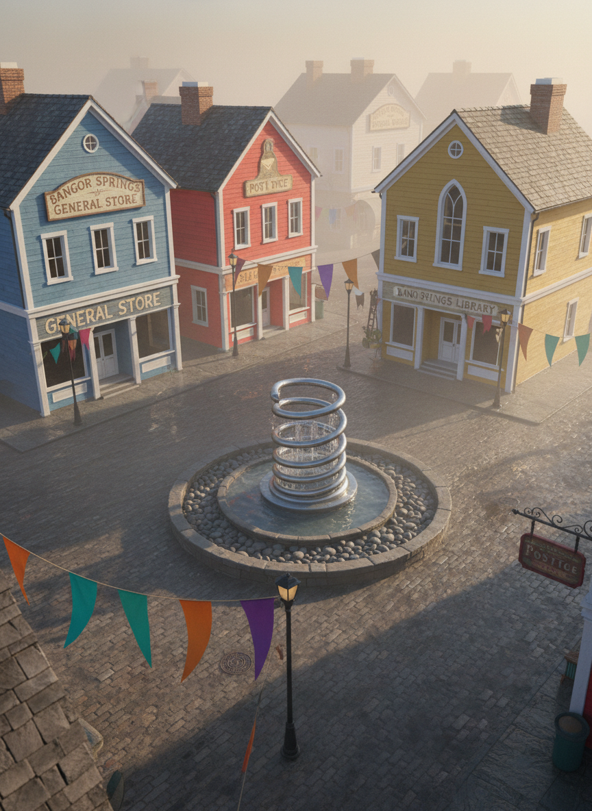 An aerial, photographic view of the fictional town square of Bangor Springs, centered around a circular fountain shaped like a coiled spring bursting from smooth river stones. Surrounding it are mismatched but cozy brick and clapboard buildings painted in cheerful pastels: a dusty-blue general store, a cherry-red post office, and a mustard-yellow library, each with hand-painted signs. Early morning, diffused sunlight and a thin, patchy fog cling to the cobblestone streets, casting soft, muted shadows. Colorful banners stretch between lampposts, gently fluttering. Composition uses a wide-angle bird’s-eye view, with crisp detail in the square and slight haze on the outskirts, creating a playful yet mysterious atmosphere that hints at Bangor Springs’ strange, storybook charm.