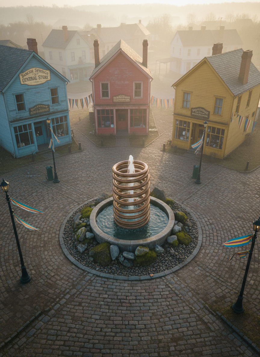 An aerial, photographic view of the fictional town square of Bangor Springs, centered around a circular fountain shaped like a coiled spring bursting from smooth river stones. Surrounding it are mismatched but cozy brick and clapboard buildings painted in cheerful pastels: a dusty-blue general store, a cherry-red post office, and a mustard-yellow library, each with hand-painted signs. Early morning, diffused sunlight and a thin, patchy fog cling to the cobblestone streets, casting soft, muted shadows. Colorful banners stretch between lampposts, gently fluttering. Composition uses a wide-angle bird’s-eye view, with crisp detail in the square and slight haze on the outskirts, creating a playful yet mysterious atmosphere that hints at Bangor Springs’ strange, storybook charm.